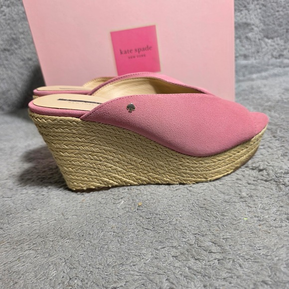Kate Spade Thea Pink Suede Espadrille Wedge Mules Logo Side 8.5M NEW - Picture 4 of 7